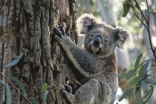 Koala bear holding onto a tree in a forest, looking at the camera. ai