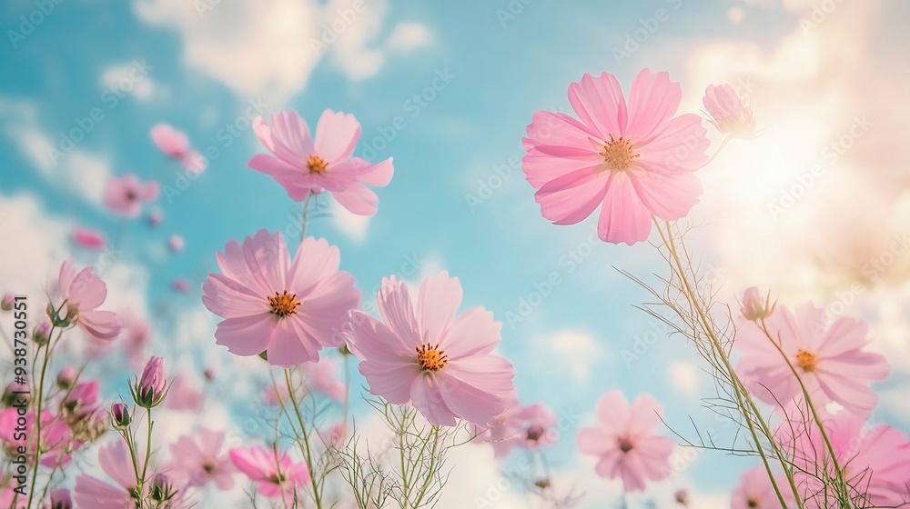 Beautiful cosmos flower field and blue sky. Low angle view nature cosmos flower wallpaper background. Generative ai Beautiful cosmos flower field and blue sky. Low angle view nature cosmos flower wallpaper background. Generative ai