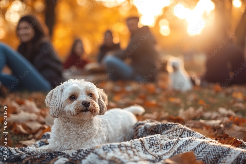 Dog relaxed on blanket with people in autumn park at sunset Dog relaxed on blanket with people in autumn park at sunset