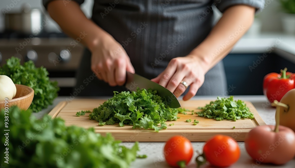 Close-up of a person chopping fresh green herbs on a wooden cutting board, surrounded by vegetables in a modern kitchen setting. Close-up of a person chopping fresh green herbs on a wooden cutting board, surrounded by vegetables in a modern kitchen setting.