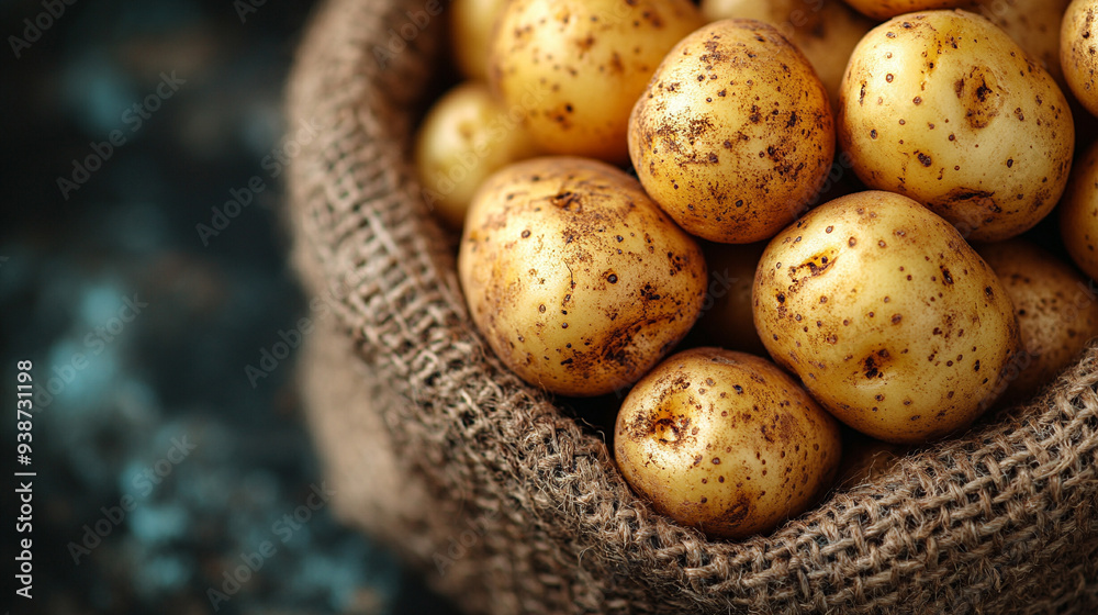 Freshly harvested raw potatoes spill from an old, rustic sack onto a wooden surface, showcasing their natural, earthy texture and symbolizing simplicity, nourishment, and sustenance Freshly harvested raw potatoes spill from an old, rustic sack onto a wooden surface, showcasing their natural, earthy texture and symbolizing simplicity, nourishment, and sustenance