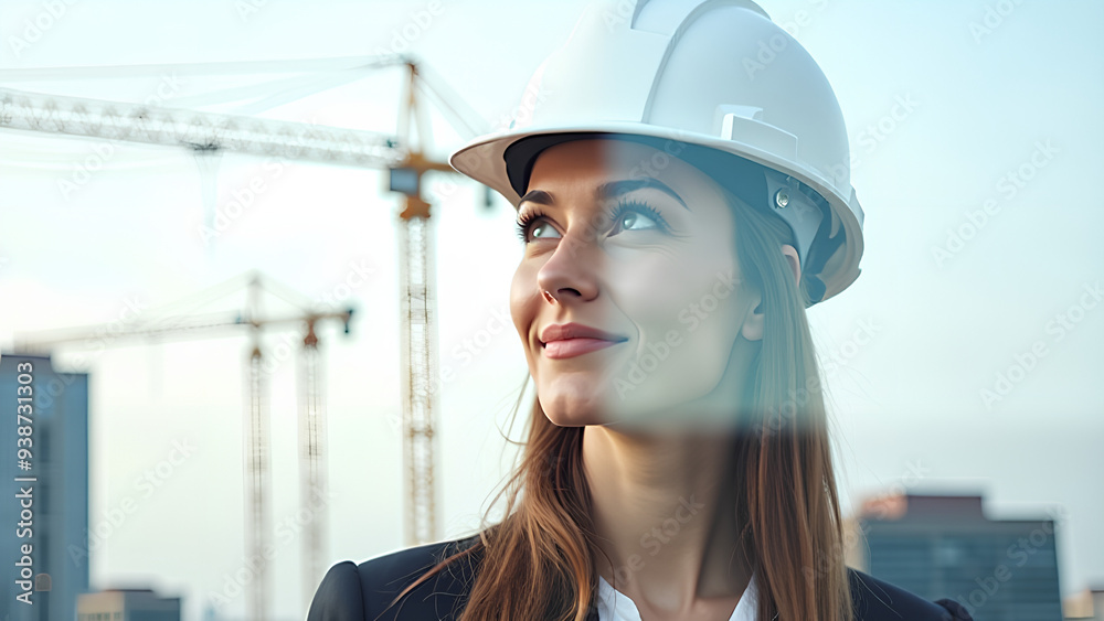 Double exposure of a woman in a hard hat overlaid with construction cranes and buildings Double exposure of a woman in a hard hat overlaid with construction cranes and buildings