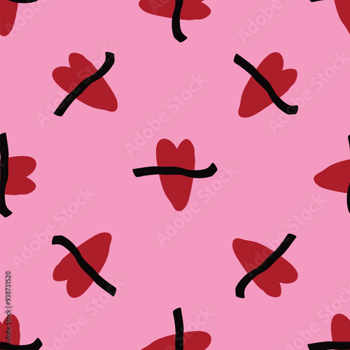 Valentines Day pattern with vibrant expressive funky lips. Groovy cute love hearts