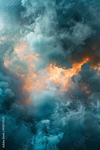 Merging of blue and orange smoke in an ethereal dance of colors, creating a dramatic and visually engaging scene.