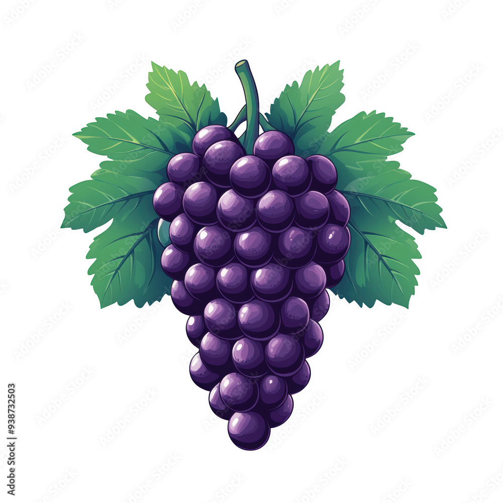 Obraz premium Vibrant illustration of a bunch of purple grapes with green leaves perfect for food and drink packaging and branding designs