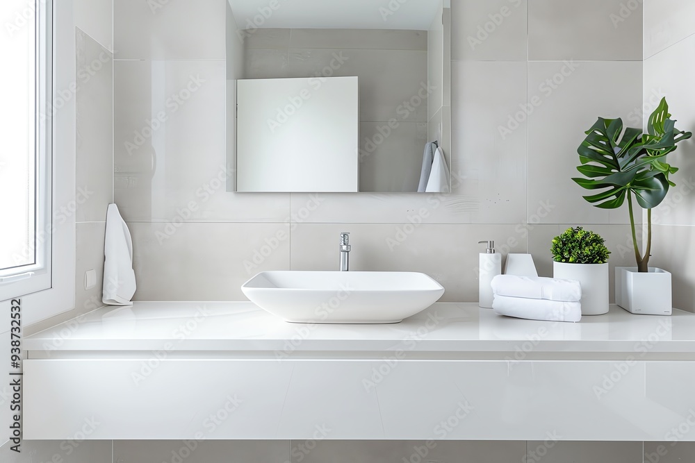 Modern bathroom with a minimalist design featuring a white sink, mirror, and green plant. Clean and fresh interior decor. Modern bathroom with a minimalist design featuring a white sink, mirror, and green plant. Clean and fresh interior decor.