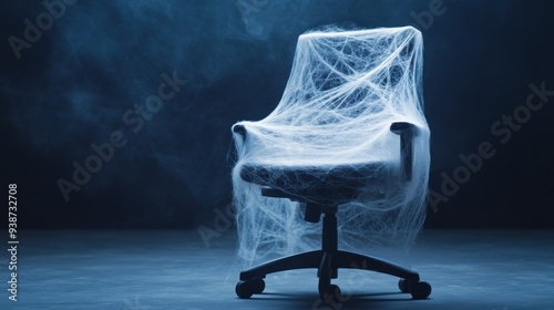 Haunted Office Chair, an eerie swivel chair shrouded in delicate cobwebs amidst a moody, dark blue background, evokes a sense of abandonment and mystery.