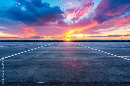 Empty parking lot at sunset with vibrant, colorful skies and dramatic clouds creating a serene and tranquil scenic view.