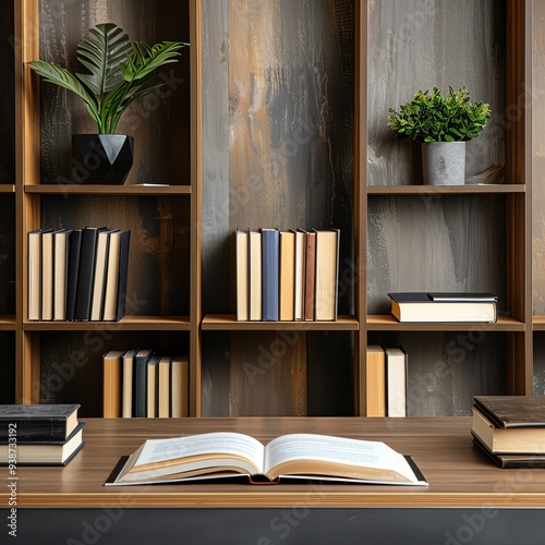 Cozy study space with wooden shelves, plants, and books, inviting an atmosphere for reading and learning.