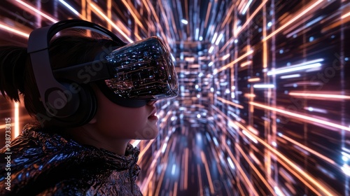 Explorer in virtual reality navigating through a digital maze with glowing walls and shifting pathways photo