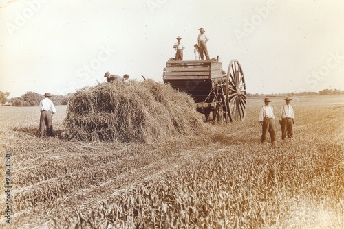 A sepia photograph showing farmers working with a horse-drawn wagon during wheat harvest. The image captures early 20th century agricultural practices