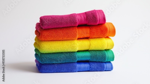 a stack of rainbow colored towels isolated on white background