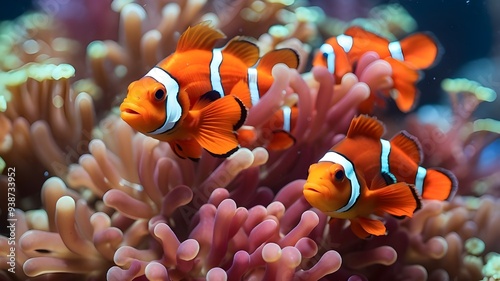 "Admire the vibrant colors of the clownfish in their anemone homes!"