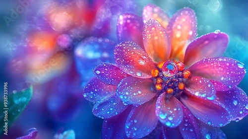 Colorful Flowers.Border Art Design.Magic Light.Close up Photography. Conceptual Abstract Image. Blue Background.Fantasy Floral Art. Generative ai