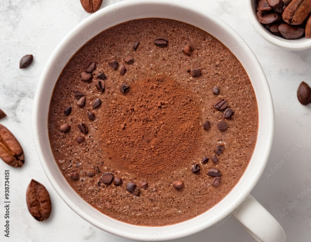 Mug of hot chocolate drink and cocoa powder with cacao beans, cocoa nibs isolated on white background. Top view. Flat lay. Ai generated image Mug of hot chocolate drink and cocoa powder with cacao beans, cocoa nibs isolated on white background. Top view. Flat lay. Ai generated image