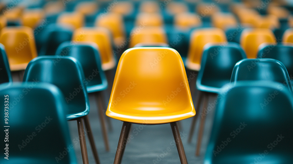 Naklejka premium yellow chair stands out among a group of black chairs, symbolizing individuality, uniqueness, and leadership. This image conveys the power of standing out in a business context