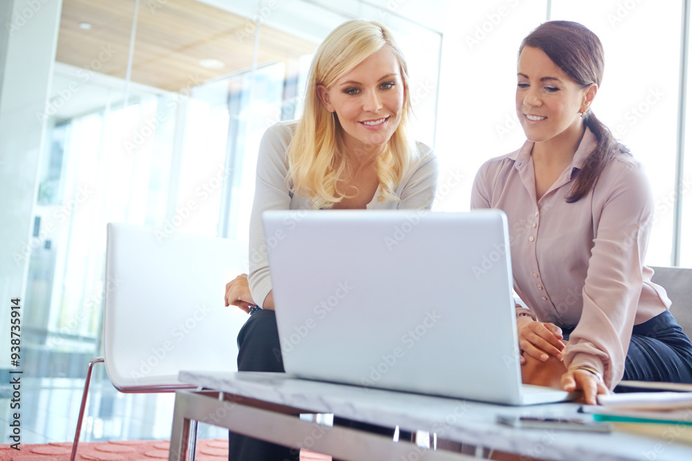 Women, laptop and teamwork with reading in office, thinking or happy for problem solving at company. Business people, partnership and smile for collaboration, stats and solution at insurance agency Women, laptop and teamwork with reading in office, thinking or happy for problem solving at company. Business people, partnership and smile for collaboration, stats and solution at insurance agency
