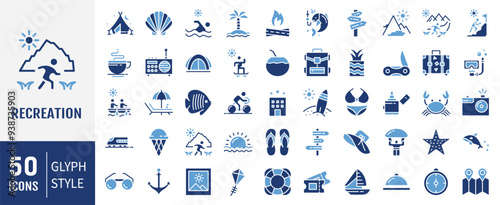Recreation icon set. Containing hiking, tour, travel, summer, beach, holiday, vacation icons. Solid icon collection.