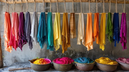 Vibrant Colors of Fabric Drying in a Dye Factory