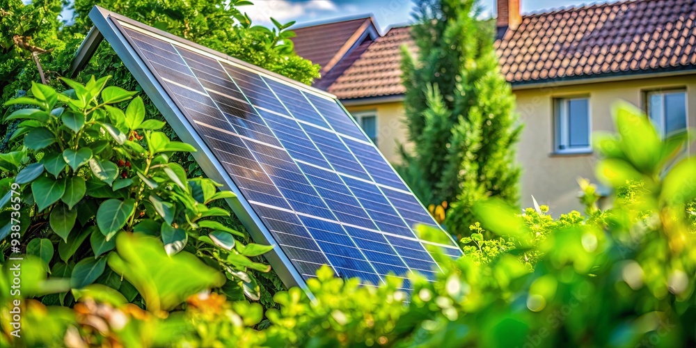 Fototapeta premium A close-up of a solar panel surrounded by green foliage in a residential area