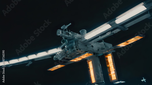 a space station with a satellite and lights on