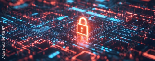 Digital padlock icon, cyber security banner, network and data protection technology on virtual interface screen. cyber attack, and business data privacy concept. Generative AI