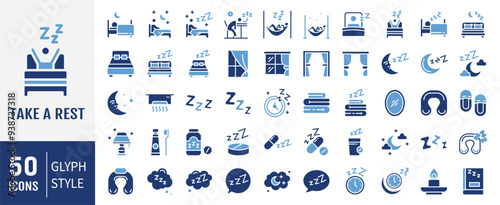 Wallpaper Mural Taking a rest icon set. Related to sleeping, bedroom, dream, pillow, bed, alarm clock, insomnia, night and rest icons. Solid icon collection. Torontodigital.ca