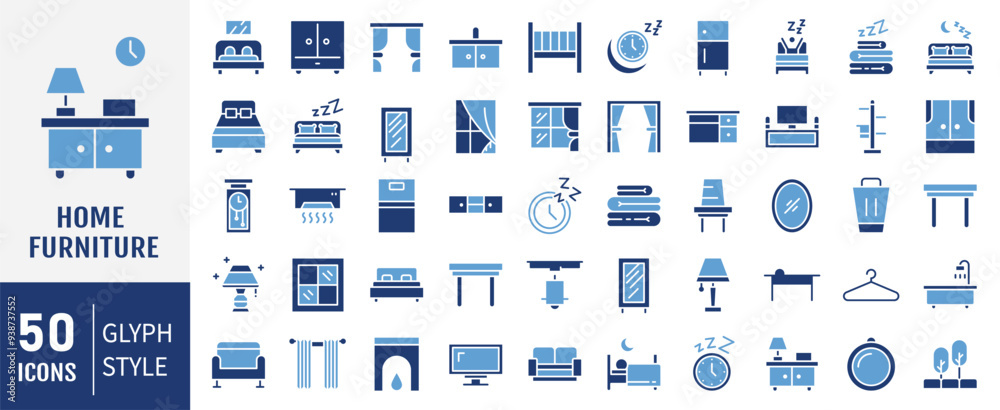 Home Furniture line icons set. Kitchen, bedroom, sofa table, bookcase closet, chair, mattress, lamps, ladder and more. Solid icon collection. Home Furniture line icons set. Kitchen, bedroom, sofa table, bookcase closet, chair, mattress, lamps, ladder and more. Solid icon collection.