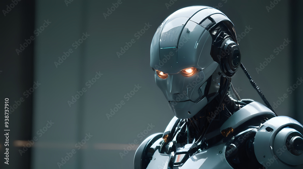 a robot with glowing eyes standing in a room