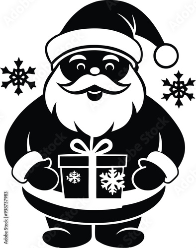 santa with around. small snowflakes illustration black and white