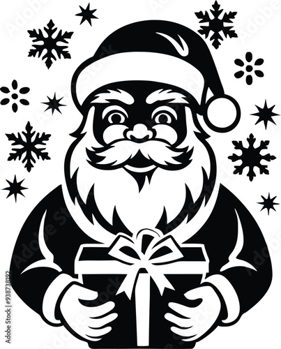 santa with around. small snowflakes illustration black and white