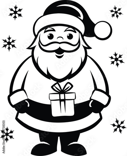 santa with around. small snowflakes illustration black and white