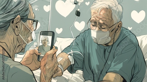In the style of a comic book art, illustration, an elderly man wearing a medical face mask is getting his arm injected with a syringe by a nurse at a hospital 
