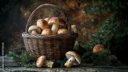 a brown wooden wicker basket on a table filled with mushrooms photo