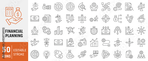 Financial planning line icon collection set. Containing retirement, accounting, implementation, structure, insurance, tax receipt icon. Vector Illustration.