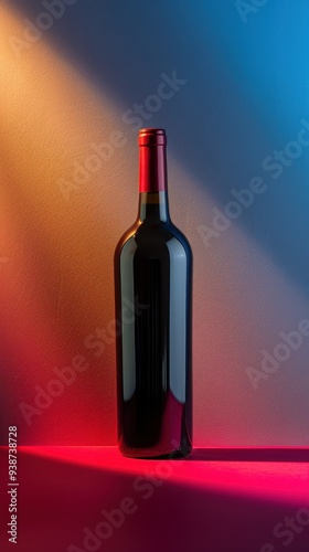 A bottle of red wine is illuminated by dramatic lighting, highlighting its silhouette against vibrant red, orange, and blue backgrounds.