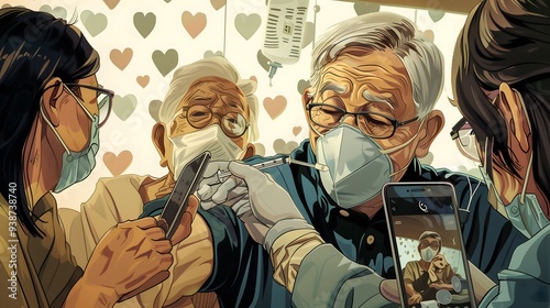 In the style of a comic book art, illustration, an elderly man wearing a medical face mask is getting his arm injected with a syringe by a nurse at a hospital 