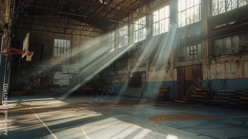 Deserted Gymnasium Elegance: Basketball Hoops and Bleachers Bathed in Sunlight, High Windows Illuminate the Serene Indoor Sports Arena photo