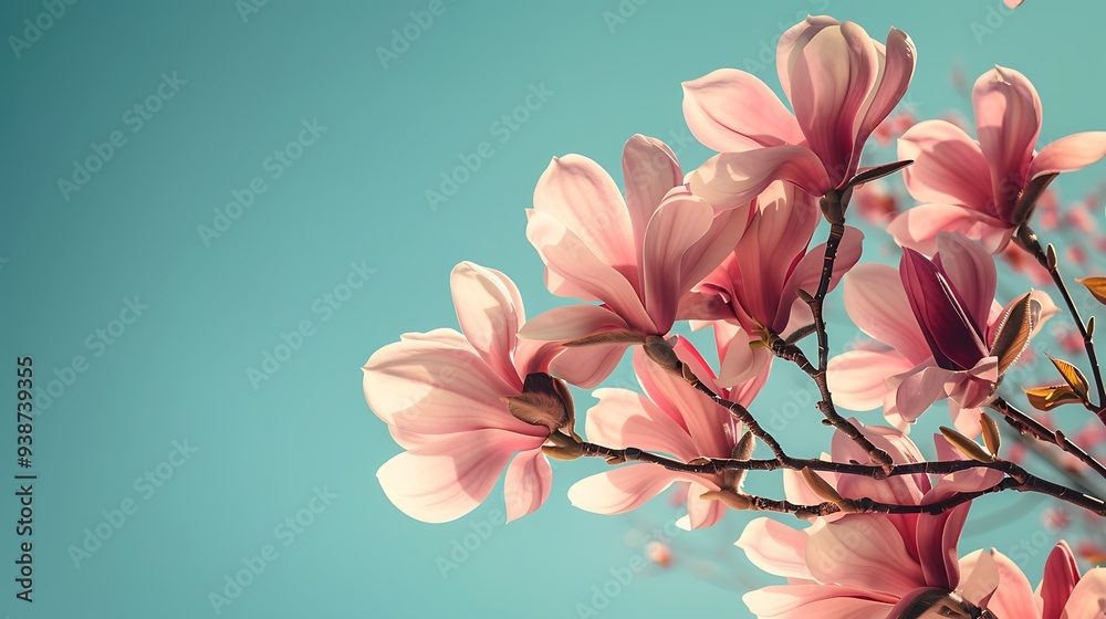 Pink spring magnolia flowers branch in full bloom against a clear sky Pink spring magnolia flowers branch in full bloom against a clear sky