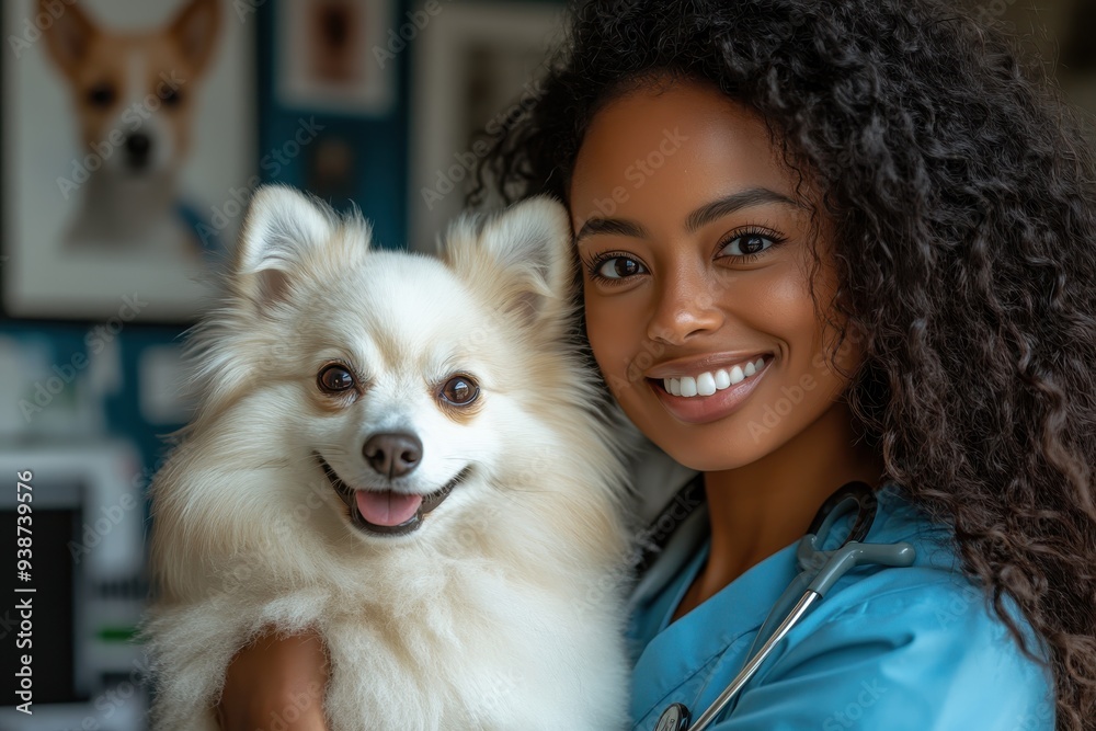 Smiling African American Female Scientist in Blue Scrubs Holding White Pomeranian in Modern Pet Clinic with Computer and Posters on the Wall, High-Resolution Professional Photography Smiling African American Female Scientist in Blue Scrubs Holding White Pomeranian in Modern Pet Clinic with Computer and Posters on the Wall, High-Resolution Professional Photography