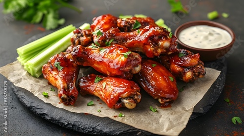 Juicy chicken wings covered in hot sauce, glistening with heat, served with celery sticks and ranch photo