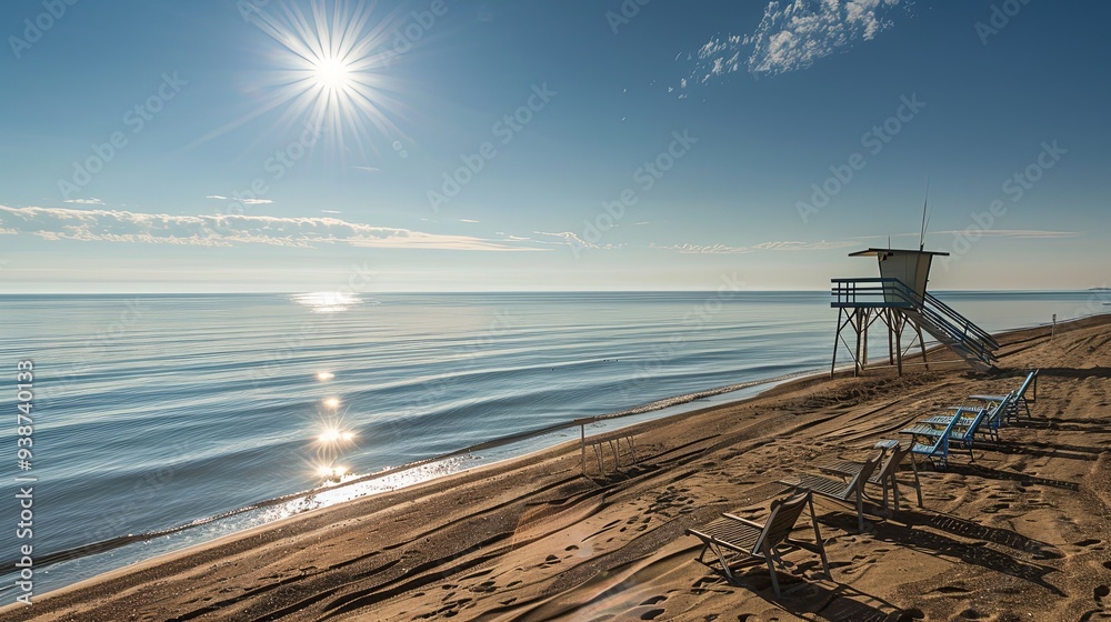 Solitude at Dusk: Deserted Beach with Abandoned Lifeguard Tower, Serene Ocean Views, and the Last Glimpses of Sunlight on a Tranquil Day Solitude at Dusk: Deserted Beach with Abandoned Lifeguard Tower, Serene Ocean Views, and the Last Glimpses of Sunlight on a Tranquil Day