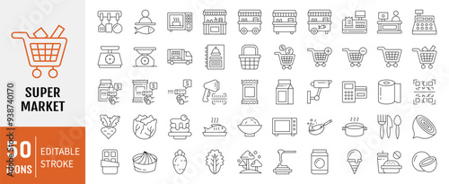 Fresh market icon collection set. Containing trolley, basket, grocery store, grocerant, consumer, food, vegetable, meal icon. Simple line vector.