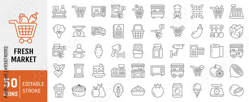 Supermarket icon collection set. Containing trolley, basket, grocery store, grocerant, consumer, food, vegetable, meal icon. Simple line vector.