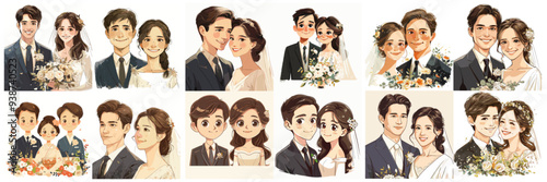 A series of cartoon images of couples, some of which are wearing wedding attire. The images are arranged in a grid, with each row and column featuring a different couple