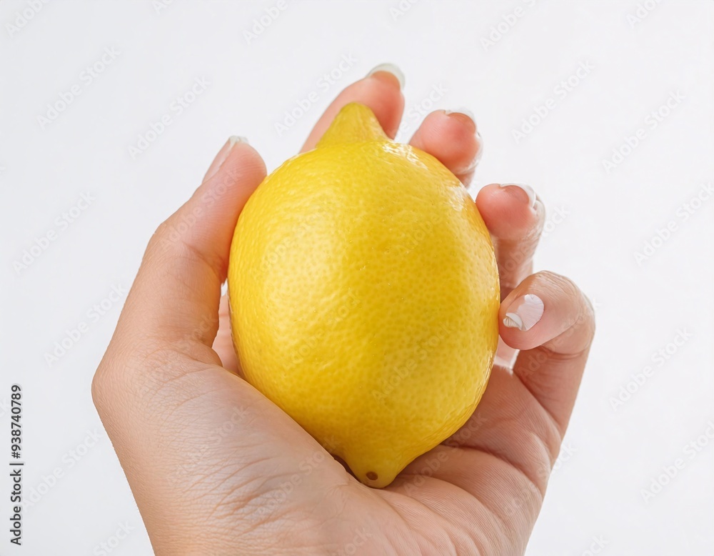 hand holding a fresh lemon, highlighting its bright yellow color and smooth skin texture. generative ai hand holding a fresh lemon, highlighting its bright yellow color and smooth skin texture. generative ai
