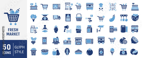 Fresh market icon collection set. Containing trolley, basket, grocery store, grocerant, consumer, food, vegetable, meal icon. Simple flat vector.