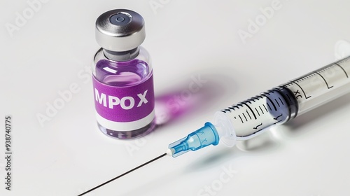 Purple glass vial labeled mpox with syringe on white background showcasing vaccine development for infectious disease prevention photo