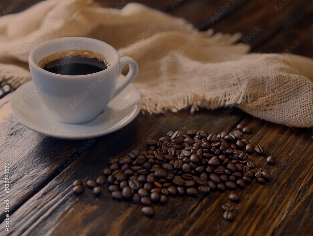 A cup of coffee with fresh beans on a rustic wooden table is a cozy scene for a morning drink. A cup of coffee with fresh beans on a rustic wooden table is a cozy scene for a morning drink.