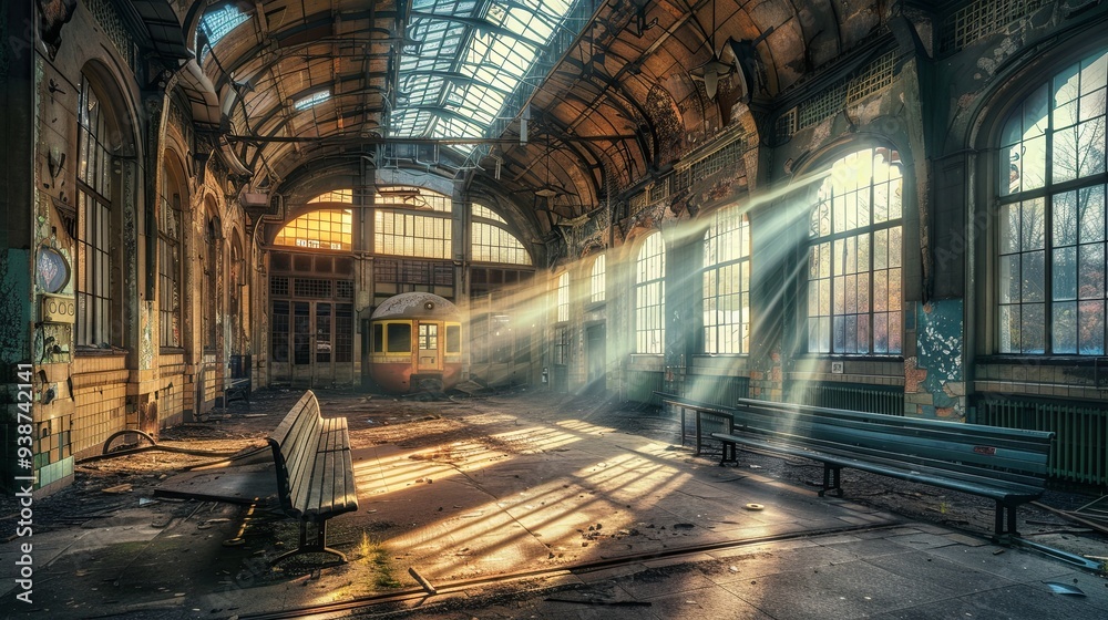 Serene Solitude: Abandoned Train Station Bathed in Sunlight, a Tranquil Echo of the Past, with Deserted Platform and Old Benches under an Open Roof Serene Solitude: Abandoned Train Station Bathed in Sunlight, a Tranquil Echo of the Past, with Deserted Platform and Old Benches under an Open Roof